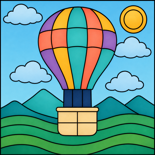 Hot air balloon over colorful hills